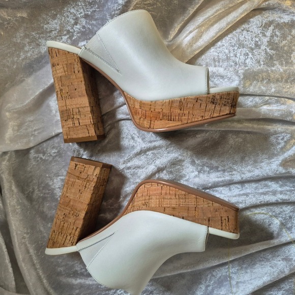 Lisa‎ & Vicky White Leather Platform Mules Cork Heel Size 6.5 Open Toe - Picture 4 of 7